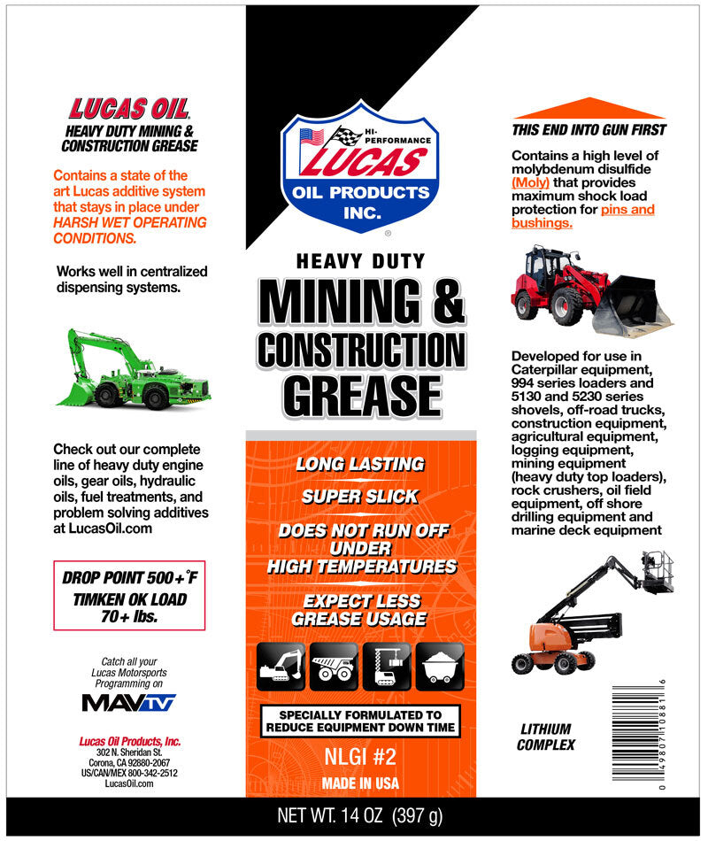 Lucas Oils LUS-10881-10 H D Minng & Construction Grease 10x1 14.0 OZ Cartridge