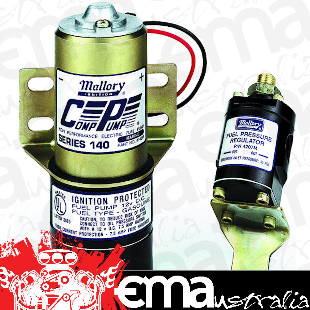 Mallory Ignition MA4140M Mallory Marine 140 Gph Competition Electric Fuel Pump suit Carburettor Petrol Engines Only w/ Regulator