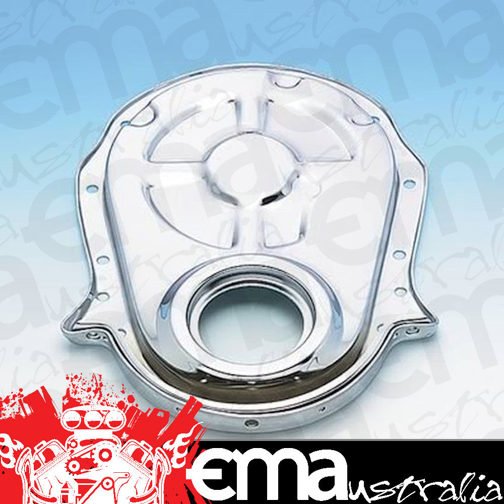 Chev big block Mark IV 396-454 C.I.D. V8 1965-90 1-Piece Chrome Timing Cover Suit Bb Mr Gasket MG4596