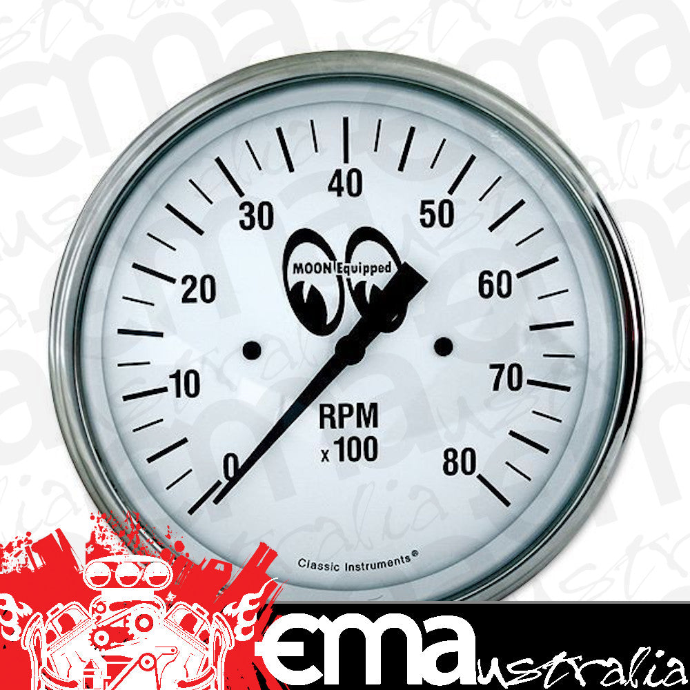 Mooneyes MNMPG3308WH 3-3/8" Electric Tachometer 0-8000Rpm White Face