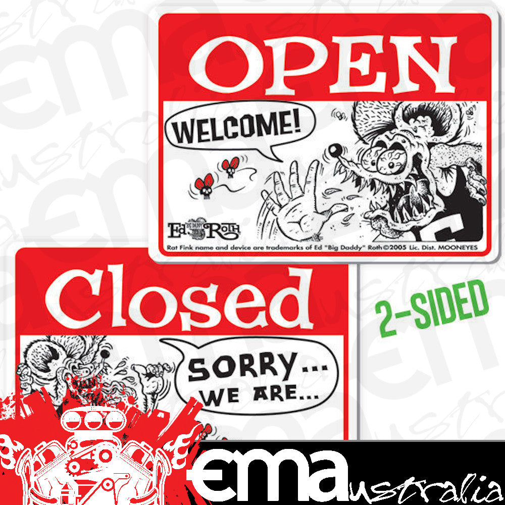 Mooneyes MNRAF231 Rat Fink Double Sided Open Closed Sign Red & White Horizontal
