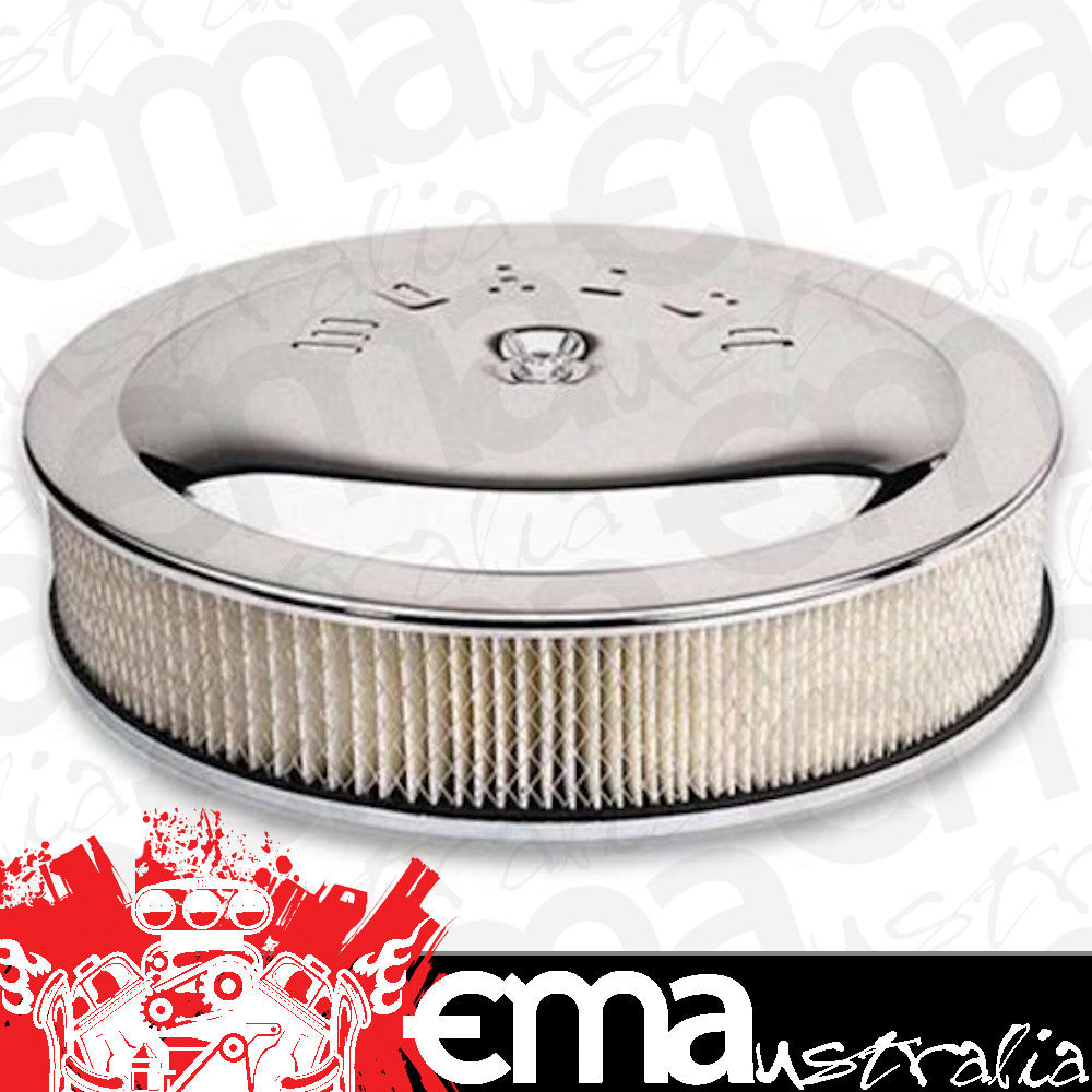 Moroso MO65945 Air Filter Assembly Flat Bottom 14 In.Diameter Dominator Steel Chrome Logo 3 In. Filter (each)