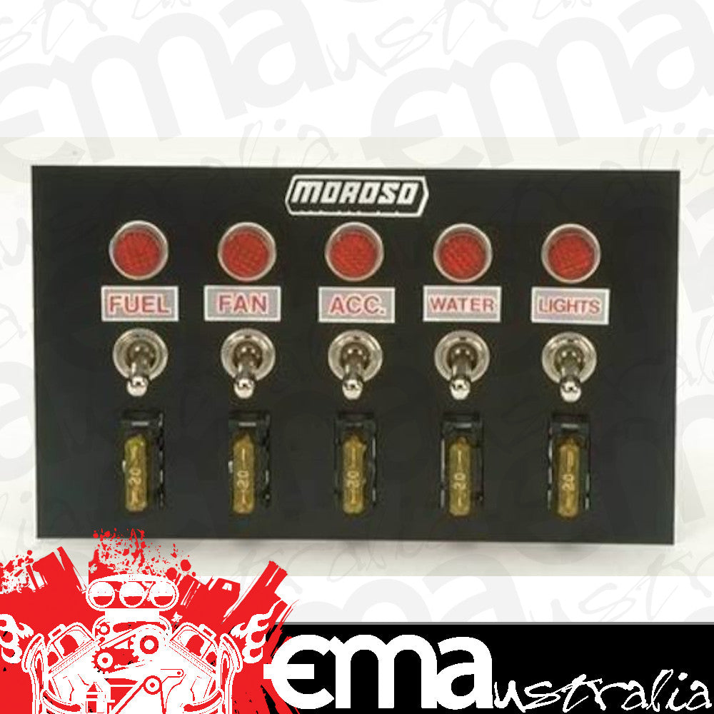 Moroso MO74134 Toggle Switch Panel; Accessory; 4 In. X 6.75 In.; Power Indicator Lights; Incl. 5 On and Off Switches 25 Lamp Load Or 35 Inductive Load