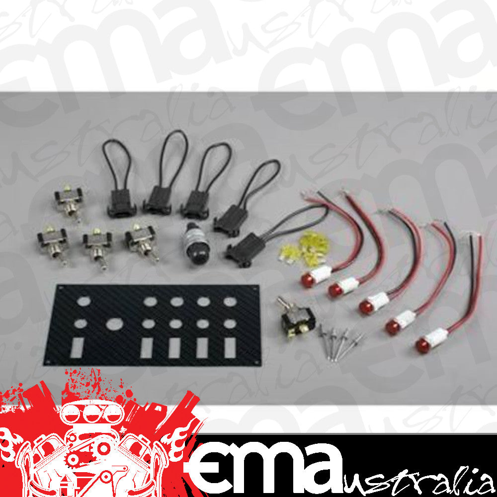 Moroso MO74139 Toggle Switch Panel; 4 X 7.75 In.; Dash Mount; Fiber Design; Starter Button; .5 In Led; Black/Black; 12 Volt Single-Pole/35 Amp Inducti