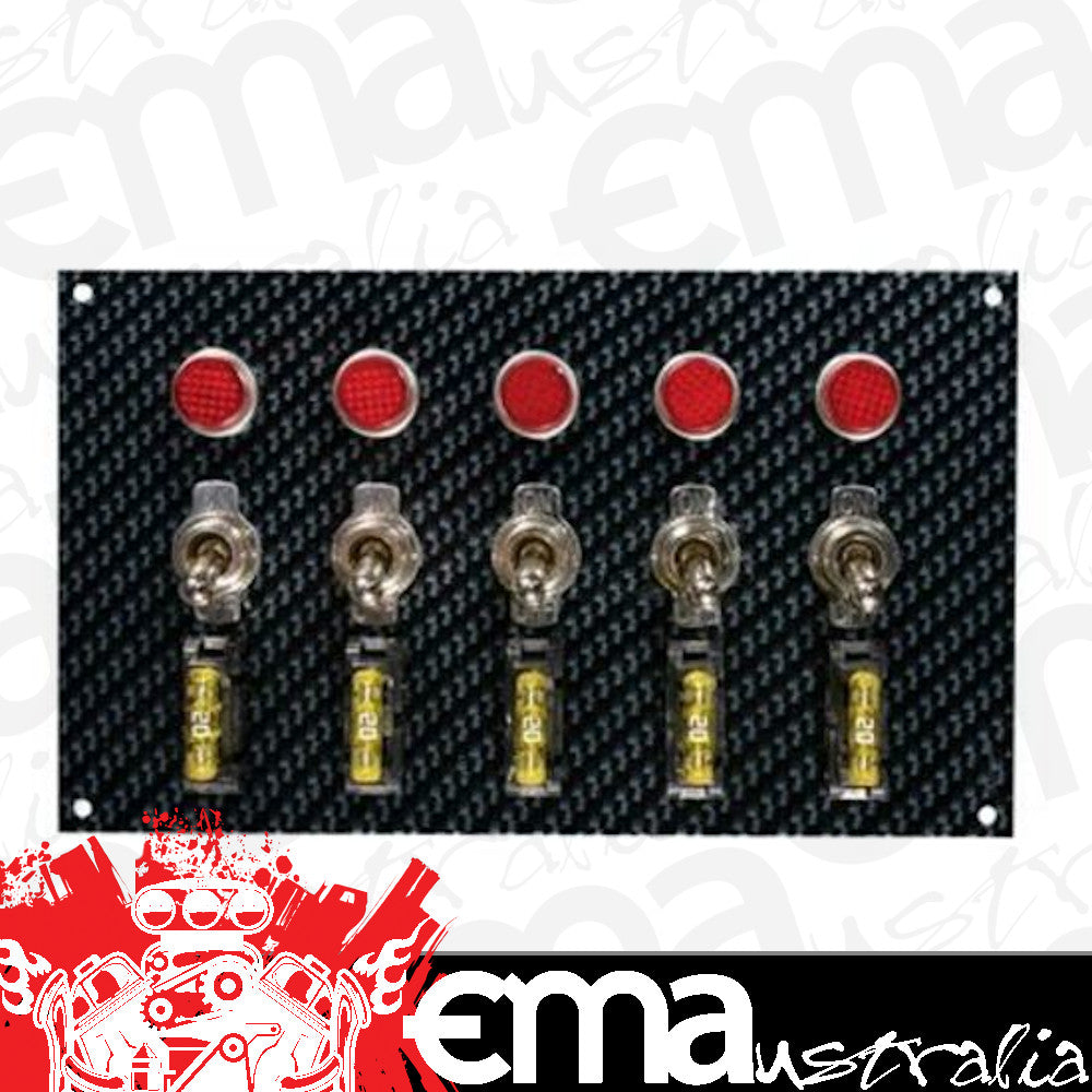Moroso MO74148 Toggle Switch Panel; 6.75 X 4 In.; Fiber Design; .5 In. Led; Black/Black; 12 Volt Single-Pole/35 Amp Inductive Load;
