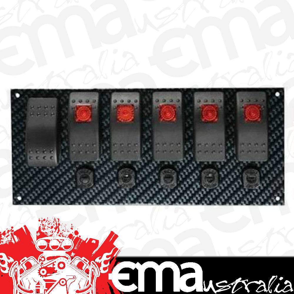Moroso MO74193 Rocker Switch Panel; Dash Mount; 8 X 3 13/32 In.; Orange Led Indicator; Fiber Design; 5 Resetable 20 Amp Circuit Breakers; Black/Black;
