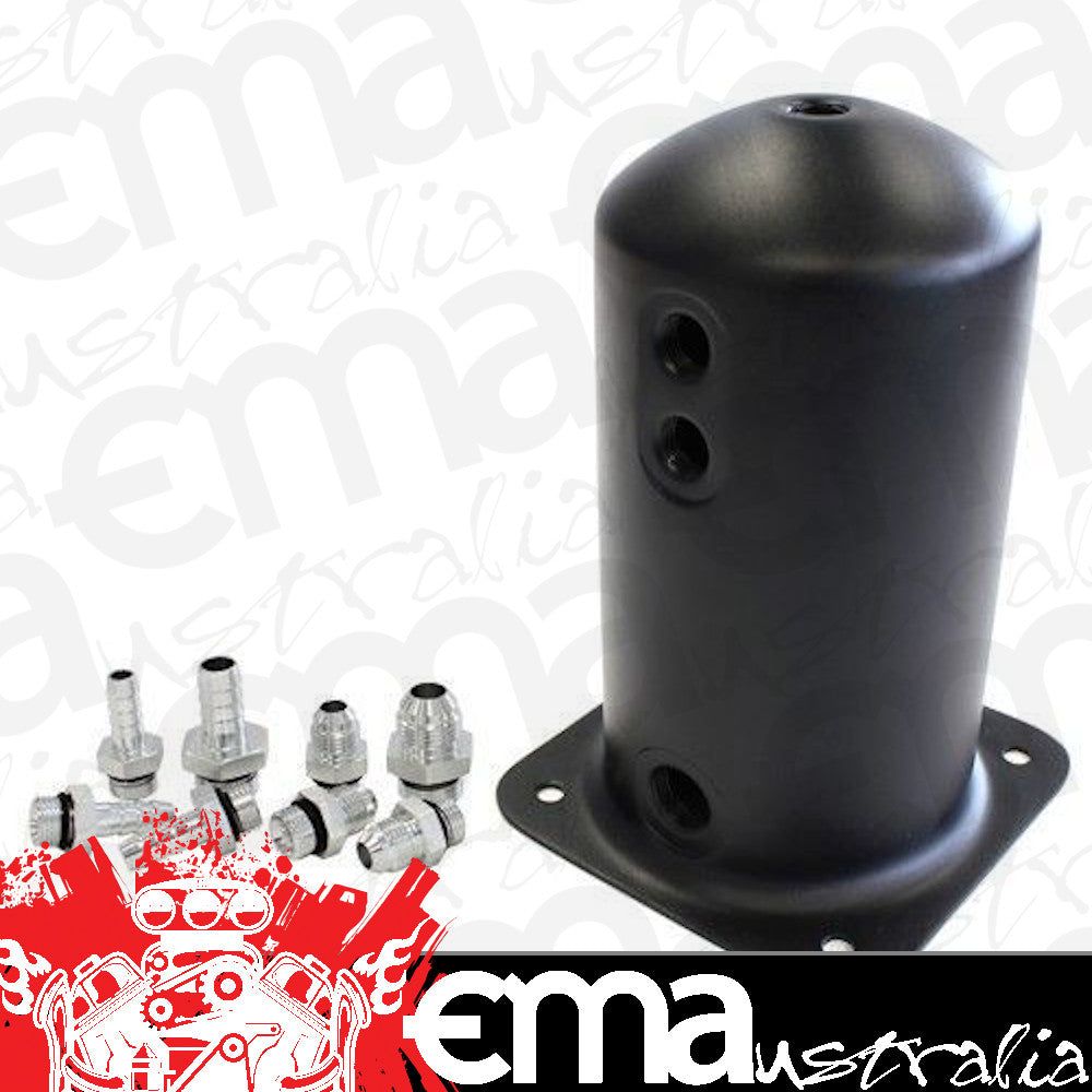 Aeroflow AF49-1016BLK Surge Tank 2.5L Anodised Black3x3/8 1x1/2 Or 3x -6AN 1x -8An