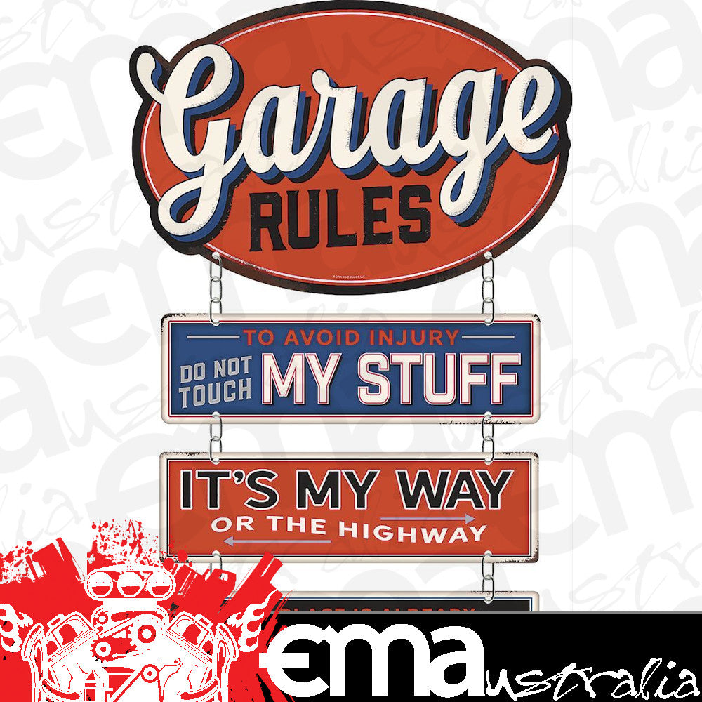 ORB-90166768 Garage Rules Linked Steel Sign 12" x 19"
