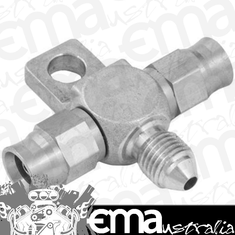Proflow PFE328-03-03 Stainless Steel Brake Adaptor Tee Block -03AN to 2 x -03AN Hose w/Mount Tab