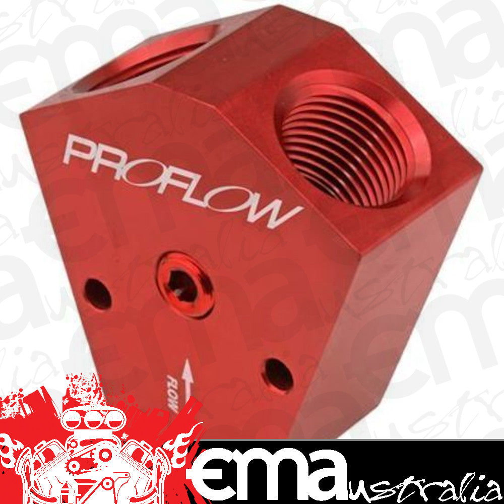 Proflow PFE451-10R Fuel Block Y-Type Billet Aluminium Red Anodised 1/2 " NPT Female Inlet 1/2 " NPT Female Outlets 1/8" NPT Gauge Port