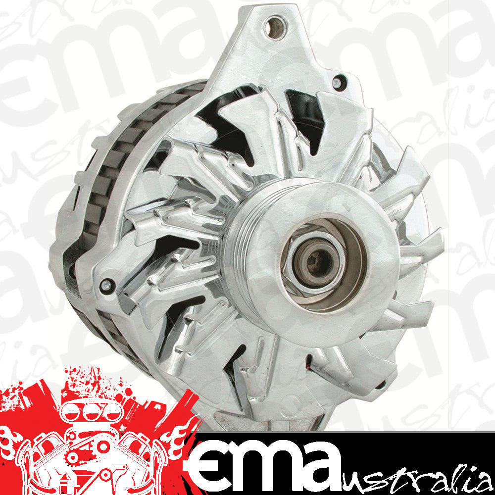 Chevy small block Gen I 305-350 C.I.D., Chevy big block Mark IV 454 C.I.D. & Gen V 454 C.I.D. V8 Chrome 105A Street Alternator Chev Cs130 Style Serpentine Powermaster PM17802