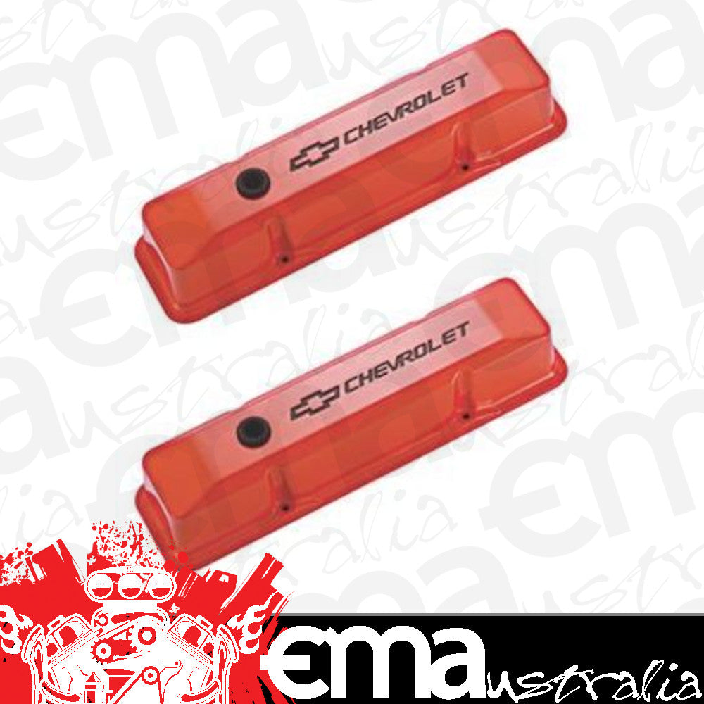 Proform PR141-118 'Chevrolet & Bowtie Emblem' Die-Cast Valve Covers Chevrolet S/B V8 1958-86 Recessed Emblem Orange