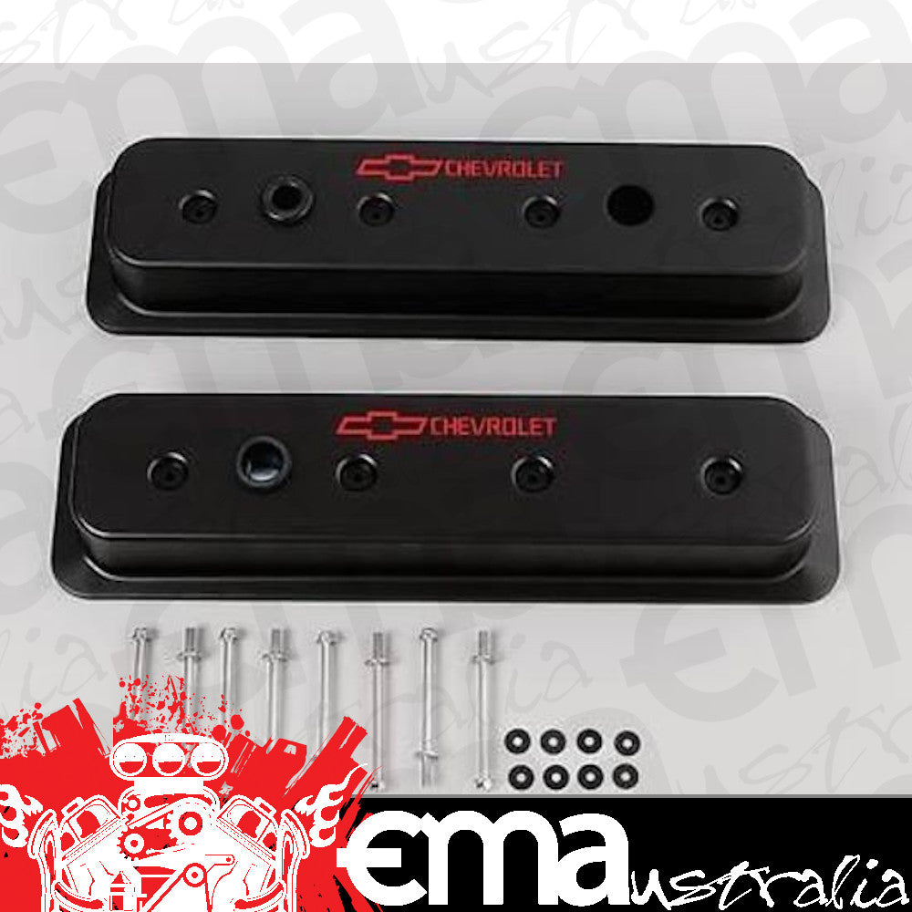 Chev Small Block 305 & 350 C.I.D 1987-2000 With Centrebolt Rocker Covers SB V8 Tall Alloy Valve Black Wrinkle w/ Logo Proform Parts PR141-131