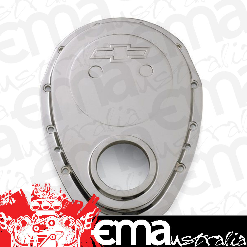 Chevy small block Gen I 262-400 C.I.D. V8 Alloy Timing Cover Chrome w/ Bowtie Logo suit Chev SB Proform Parts PR141-218