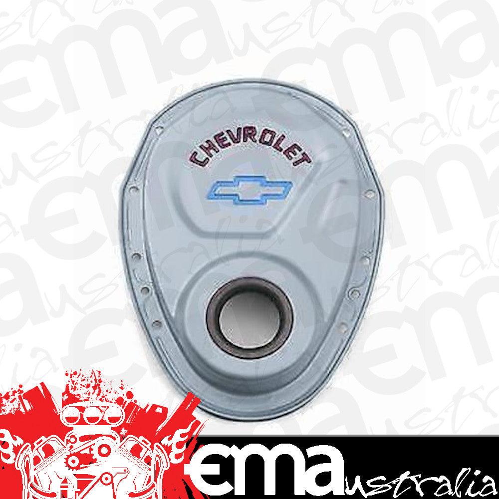 Chevy small block Gen I 262-400 C.I.D. V8 Steel Timing Cover Grey w/ Bowtie Logo suit Chev SB Proform Parts PR141-363