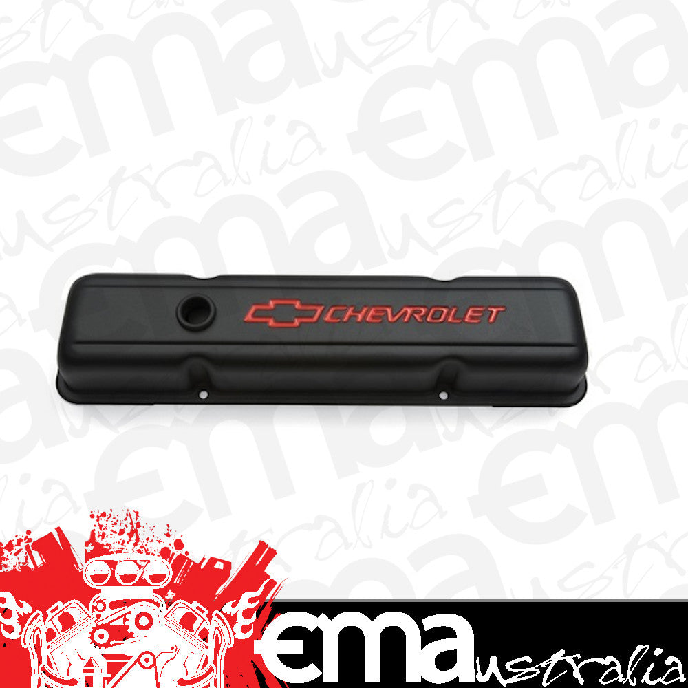 Chevy small block Gen I 262-400ci V8 Short Valve Covers w/ Baffle Black Crinkle suit SB Chev w/ Logo Proform Parts PR141-750