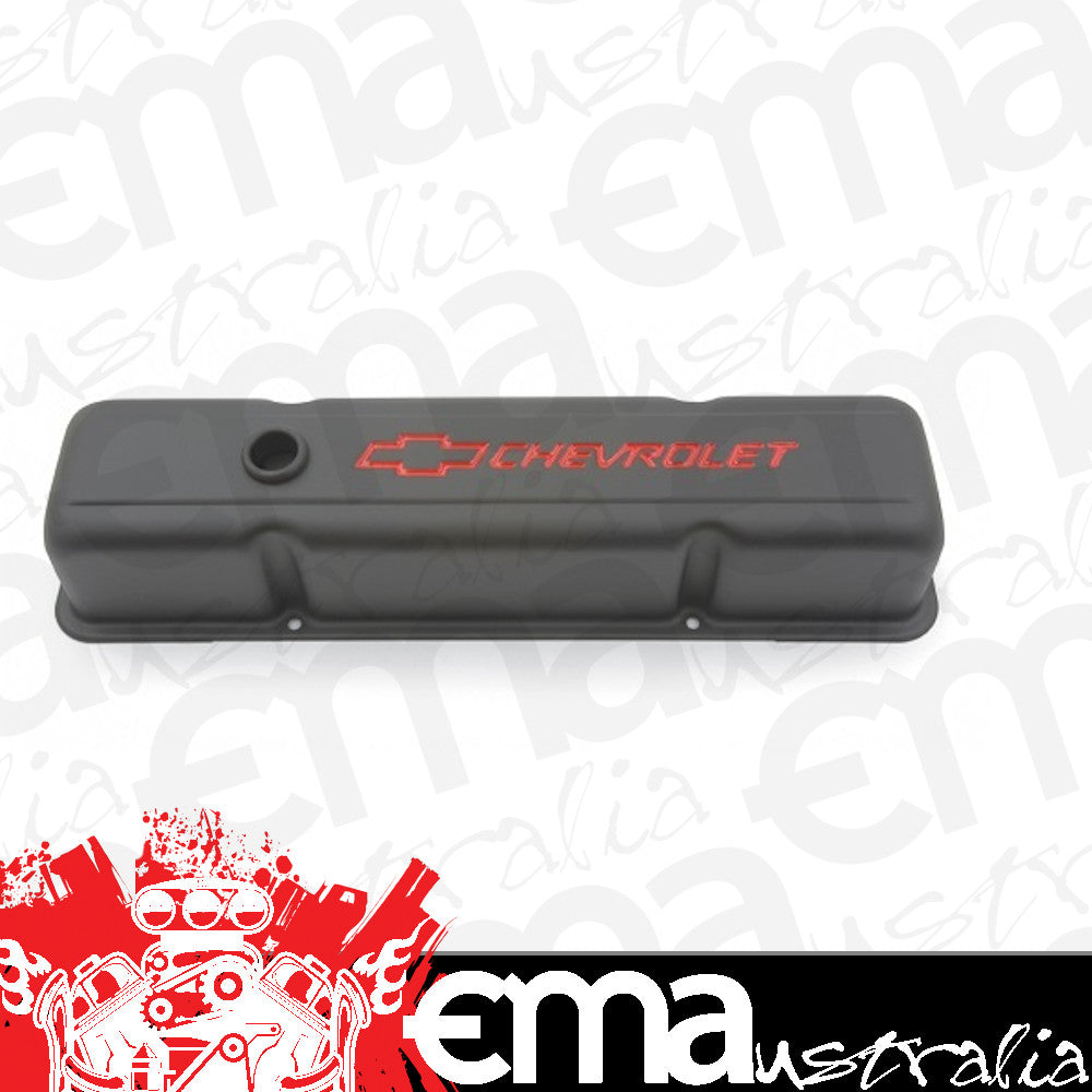 Chevy small block Gen I 262-400ci V8 Steel Tall Valve Covers w/ Baffle Black Crinkle Chev SB w/ Logo Proform Parts PR141-751