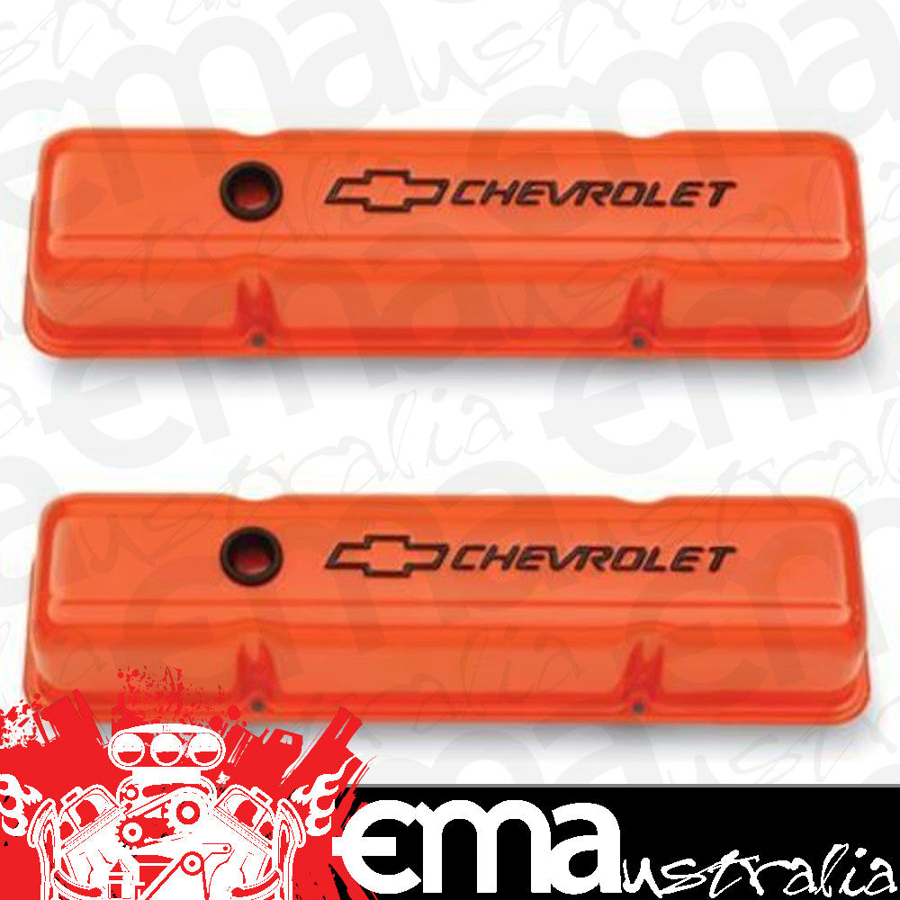Proform PR141-784 'Chevrolet And Bowtie Emblem' S/B V8 Stamped Valve Covers Tall Orange.