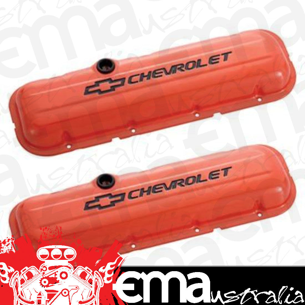 Proform PR141-789 Chevrolet And Bowtie Emblem' B/B Stamped Valve Covers Short w/ Baffle Black Lettering And Black Bowtie Orange