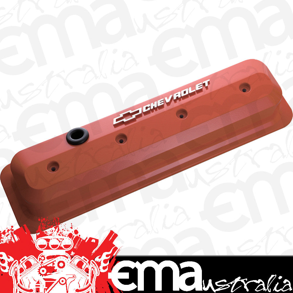 Proform Parts | PR141-841 | Chev SB Vortec Die-Cast Slant Edge Valve Cover - Orange w/ Logo