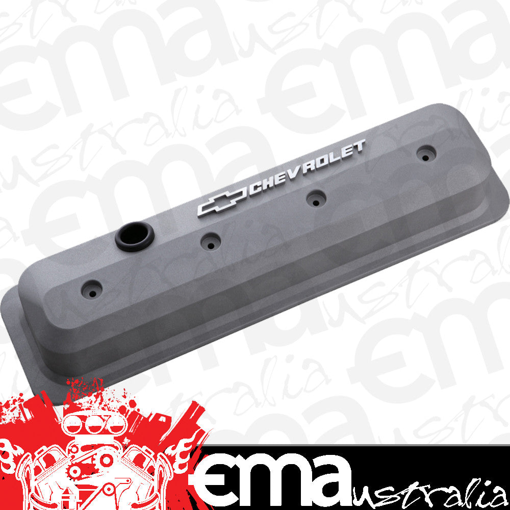 Proform PR141-842 Die-Cast Aluminium Slant Edge Valve Covers Gray suit SB Chev Vortec w/ Raised Chevrolet Logo & Bowtie Emblem