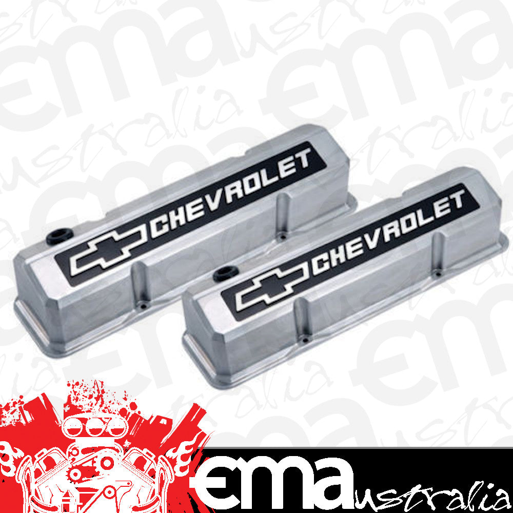 Chevy small block Gen I 283-400 C.I.D. V8 Tall Alloy Valve Covers Polished w/ Logo suit Chev SB Proform Parts PR141-920