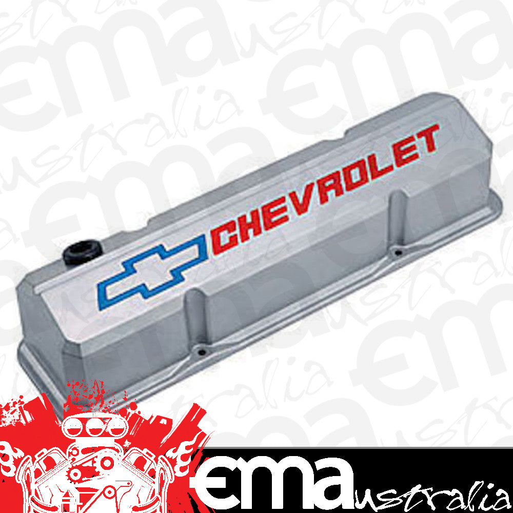 Chev Small Block Gen I 283-400 C.I.D Tall Alloy Valve Covers Grey w/ Red/Blue Logo SB I Proform Parts PR141-923