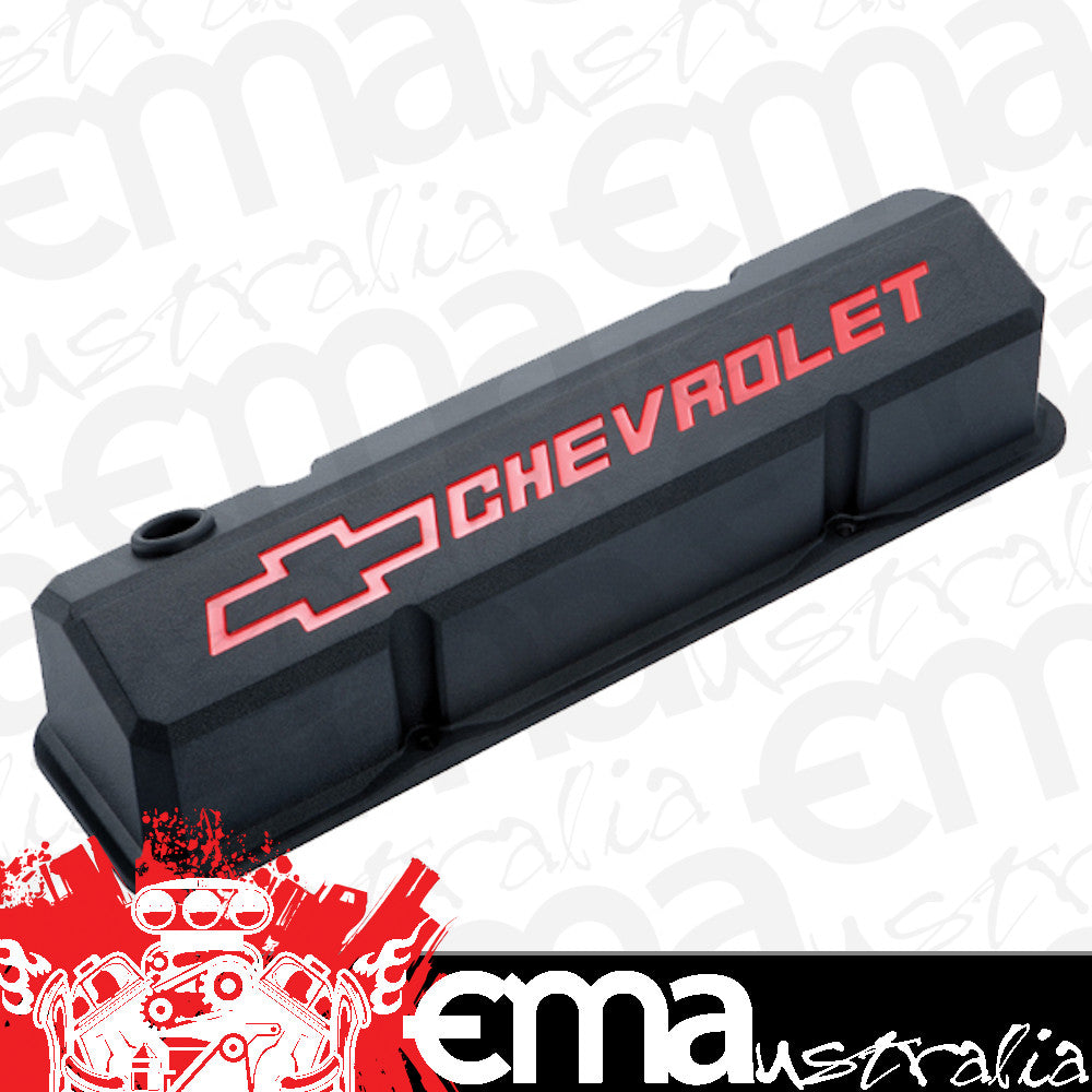 Proform PR141-928 Die-Cast Aluminium Slant Edge Valve Covers Black Crinkle suit SB Chev w/ Recessed Chevrolet Logo & Bowtie Emblem