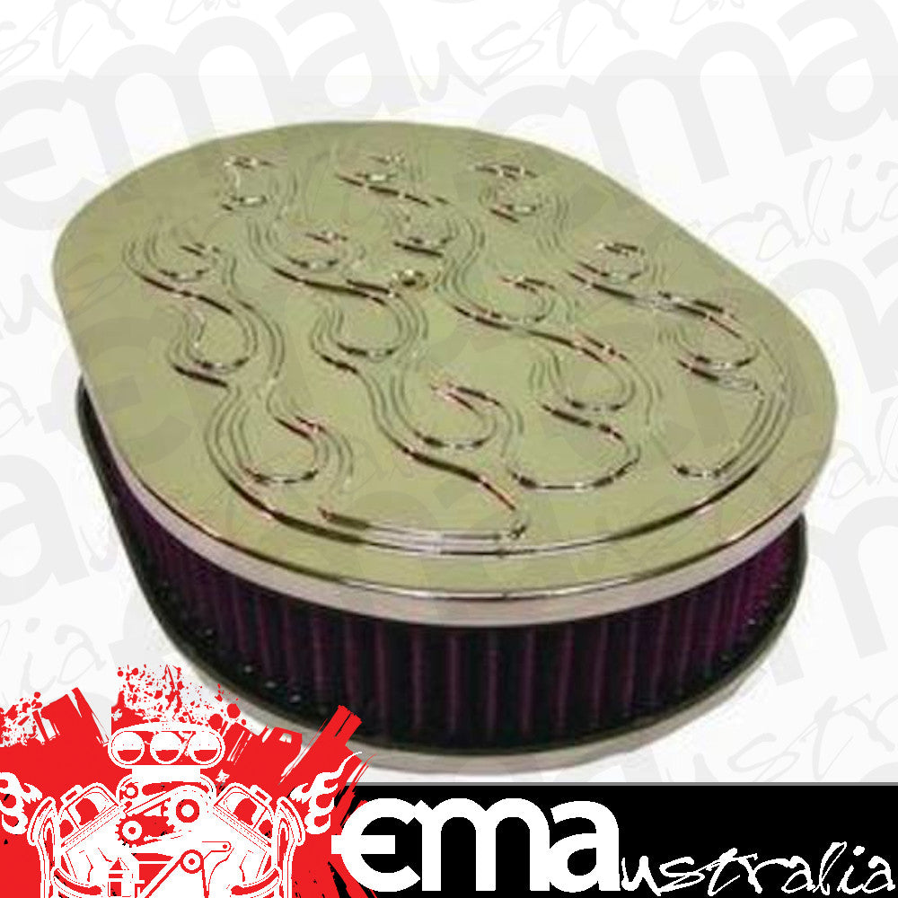 RPC RPCR5121 12" Polished Raised Flame Oval Air Cleaner w/ Washable 2" Element fits Single Carburettors w/ 5/8" Neck Mounting Stud Included