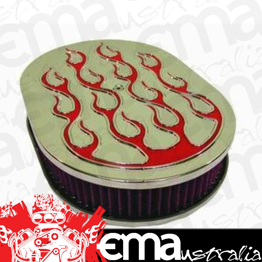 RPC RPCR5124 12" Polished Raised Red Flame Oval Air Cleaner w/ Washable 2" Element fits Single Carburettors w/ 5/8" Neck Mounting Stud Included