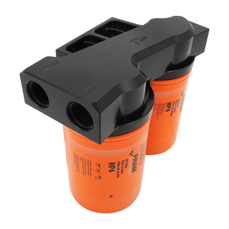 RTS RTS-OM3313-FRA Remote Oil Filter Head w/ FRAM HP4 Filters 13/16''-16 Thread Dual Filters AN12 ORB Po Billet Aluminium Black