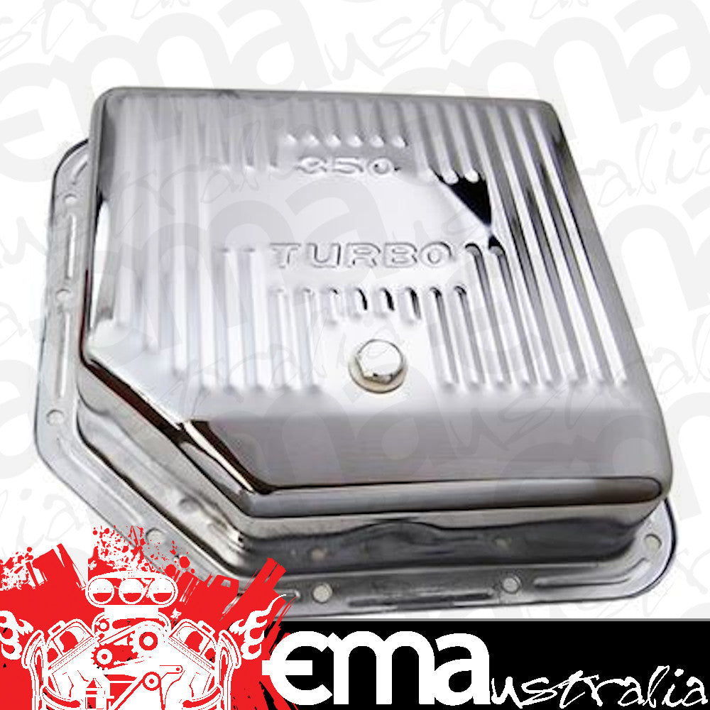 RTS RTS70100CH Chrome Steel Transmission Pan GM Turbo 350 3 1/2' Deeper Than Stock Finned Bottom Incl. Drain Plug