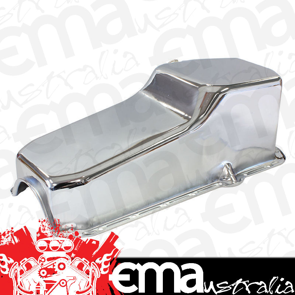 Chev small block Gen 1 262-400 V8.Rear Main Seal Style: 2-piece Steel Stock Oil Pan SBC Chromerh/Side Dipstick Rear Sump Aeroflow Performance Products AF82-9092C