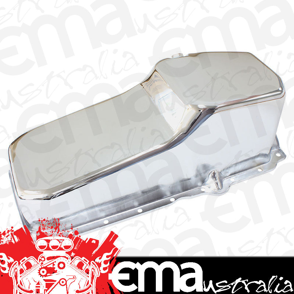 Chev small block Gen 1 262-400 V8.Rear Main Seal Style: 1-piece Stock Oil Pan SBC Late '86 On Rh/Side Dipstick Chrome Aeroflow Performance Products AF82-9414C