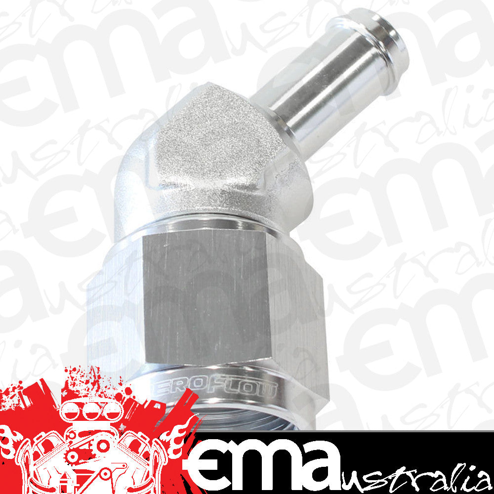 Aeroflow AF412-08-06S Female -8AN 45Deg to 3/8" Barb Silver Swivel Nut