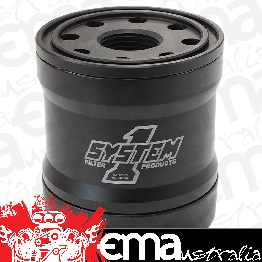 System One SY210-314 Spin On Oil Filter 3" Long Black anodized w/ Metric Threads 3-3/4" Diameter w/ 35 Micron S/S Filter