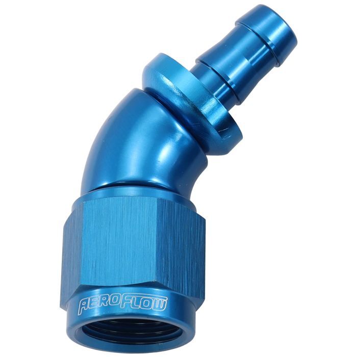 Aeroflow AF512-06-05 510 Series Full Flow Tight Radius Push Lock 45° Hose End -6AN To 5/16" (8mm) Barb Blue Finish. Suits 400 & 500 Series Hose