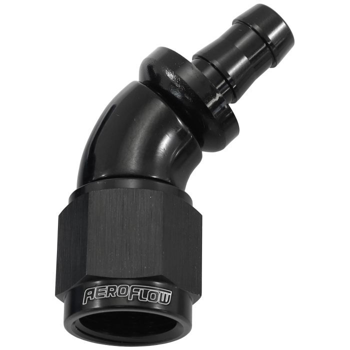 Aeroflow AF512-06-05BLK 510 Series Full Flow Tight Radius Push Lock 45° Hose End -6AN To 5/16" (8mm) Barb Black Finish. Suits 400 & 500 Series Hose