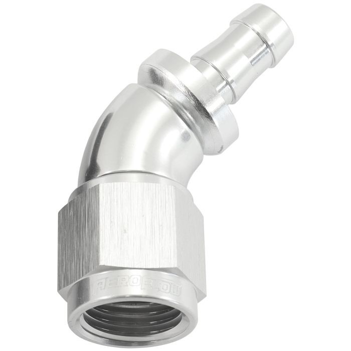 Aeroflow AF512-06-05S 510 Series Full Flow Tight Radius Push Lock 45° Hose End -6AN To 5/16" (8mm) Barb Silver Finish. Suits 400 & 500 Series Hose
