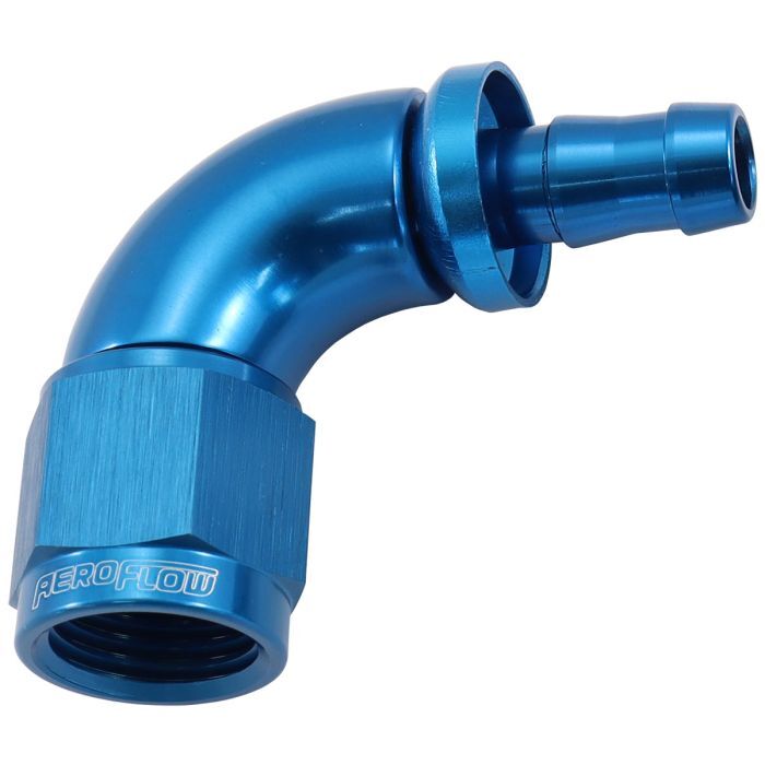 Aeroflow AF513-06-05 510 Series Full Flow Tight Radius Push Lock 90° Hose End -6AN To 5/16" (8mm) Barb Blue Finish. Suits 400 & 500 Series Hose