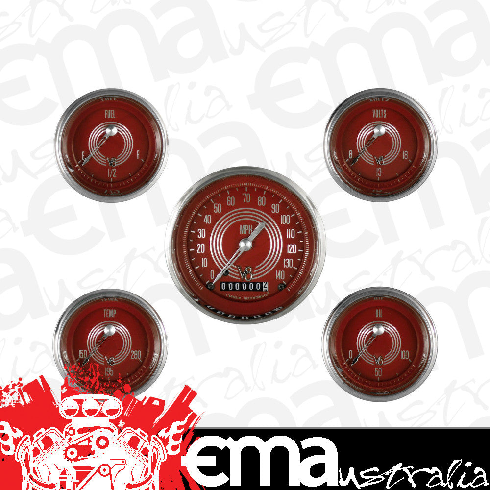 Classic Instruments V8RS00SHC V8 Red Steelie - 5 Gauge Set 3-3/8" Speedo, 2-1/18" Fuel, Oil, Temp, Volts