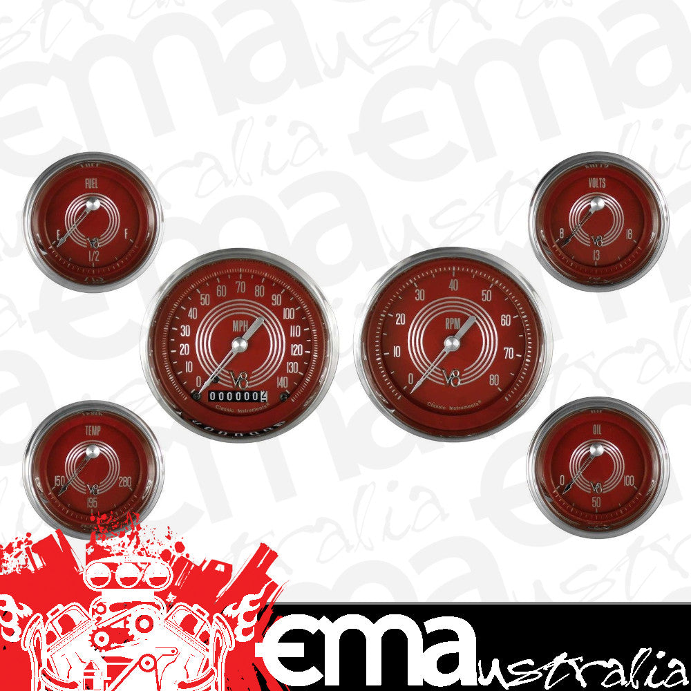 Classic Instruments V8RS01SHC V8 Red Steelie - 6 Gauge Set 3-3/8" Speedo & Tacho, 2-1/18" Fuel, Oil, Temp, Volts