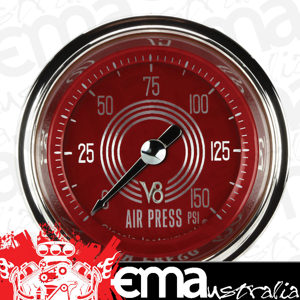 Classic Instruments V8RS118SHC V8 Red Steelie - Air Pressure Gauge Full Sweep 2-1/8"