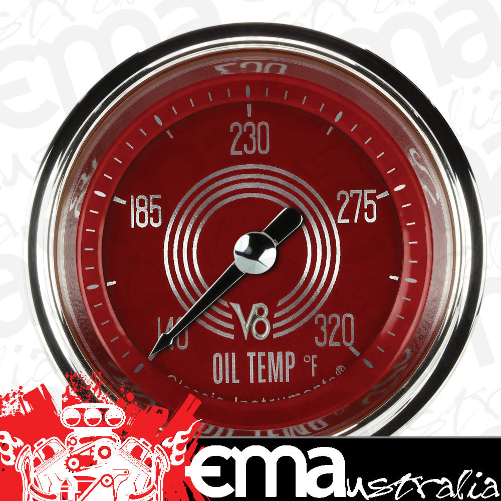 Classic Instruments V8RS128SHC V8 Red Steelie - Oil Temp Gauge Full Sweep 2-1/8"