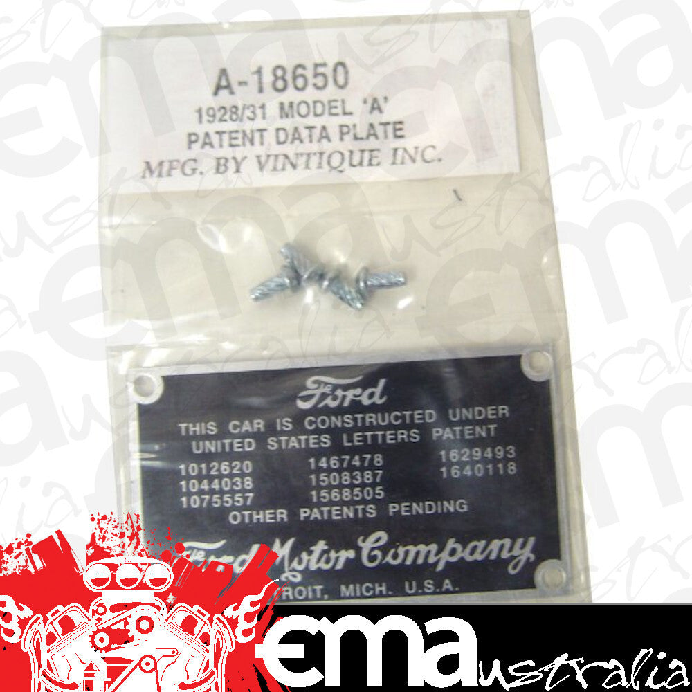 Vintique Inc Firewall Patent Plate With Rivets (Suit 1928-31 Ford) (VIA-18650)