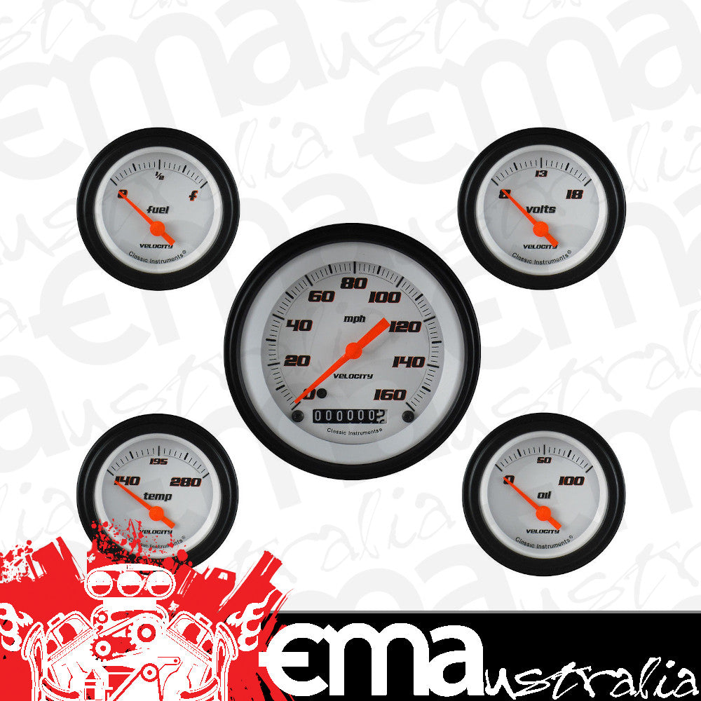 Classic Instruments VS00WBLF Velocity White - 5 Gauge Set 3-3/8" Speedo, 2-1/18" Fuel, Oil, Temp, Volts