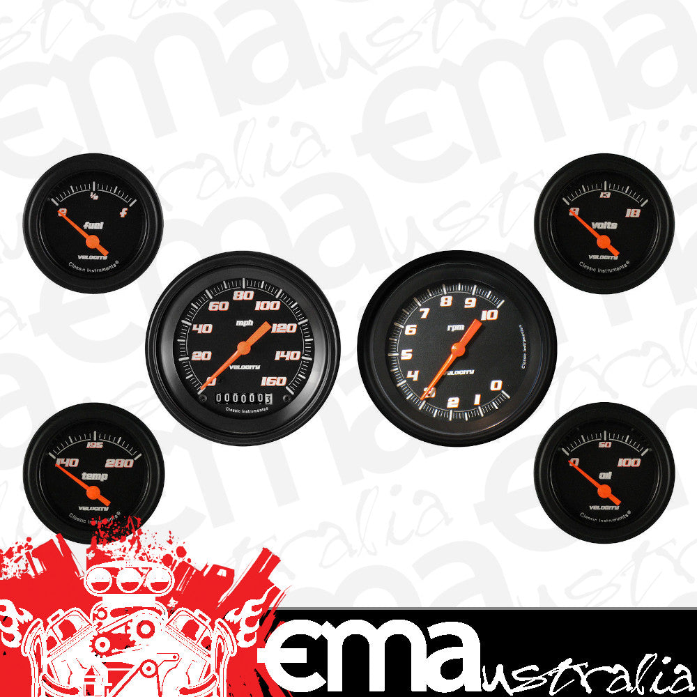 Classic Instruments | VS01BBLF | Velocity Black - 6 Gauge Set 3-3/8" Speedo & Tacho, 2-1/18" Fuel, Oil, Temp, Volts