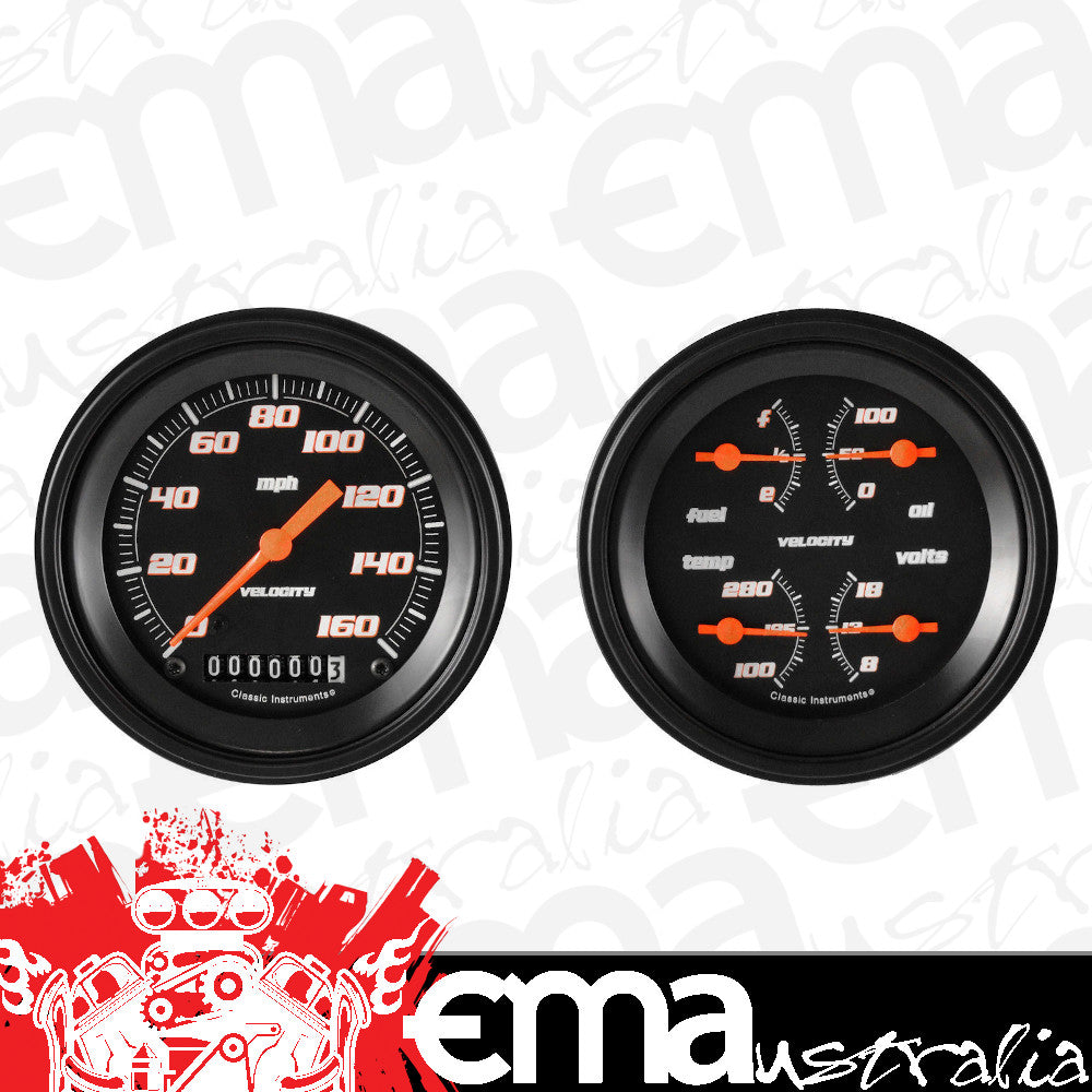 Classic Instruments VS02BBLF Velocity Black - 2 Gauge Set 3-3/8" Speedo & 3-3/8" Quad