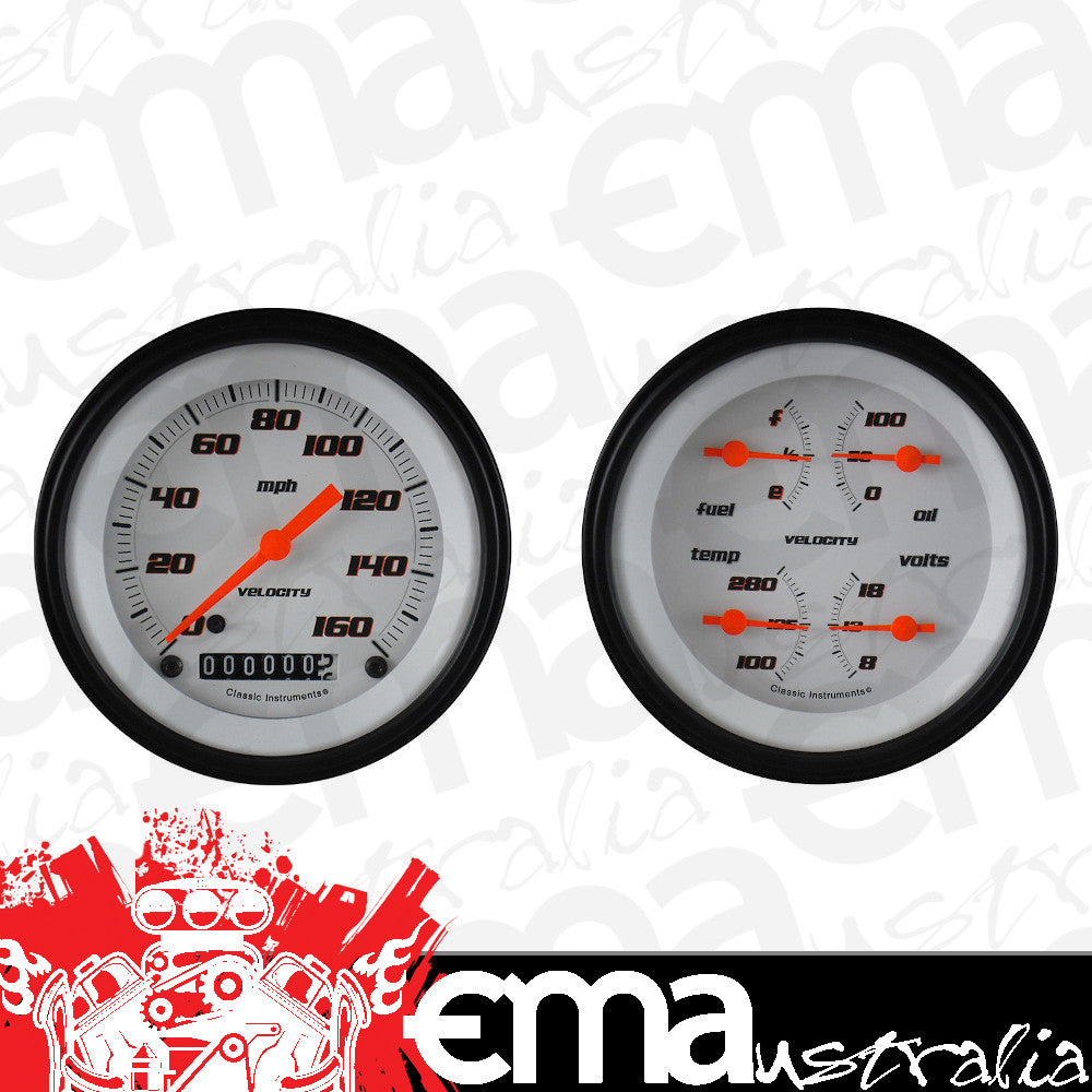 Classic Instruments VS02WBLF Velocity White - 2 Gauge Set 3-3/8" Speedo & 3-3/8" Quad