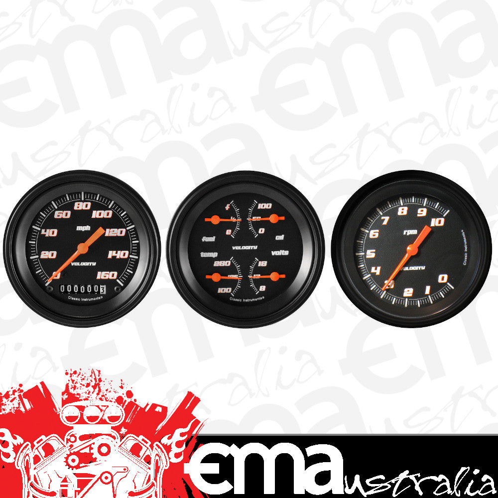Classic Instruments VS03BBLF Velocity Black - 3 Gauge Set 3-3/8" Speedo, Tach & Dual